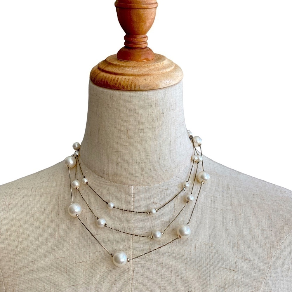 Vintage Pearls Faux Triple Strand Silver Tone Link Chain 3 Sizes Of Pearls